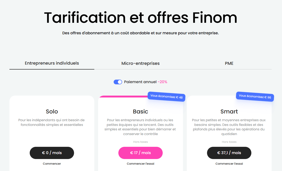 Tarif Finom banque pro